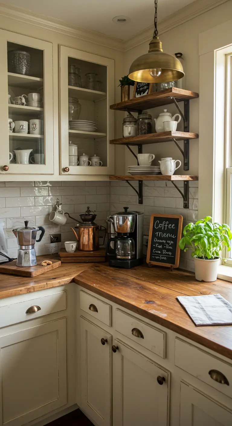 Landelijke koffiecorner met houten planken, krijtbord en koffiezetapparaten.