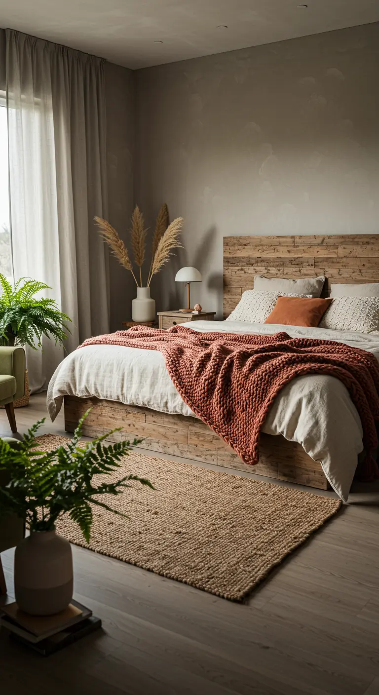 Slaapkamer met houten hoofdbord, terracotta plaid en jute kleed.
