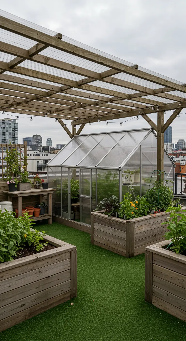 Daktuin met houten pergola, kunstgras, moestuinbakken en een kleine kas.