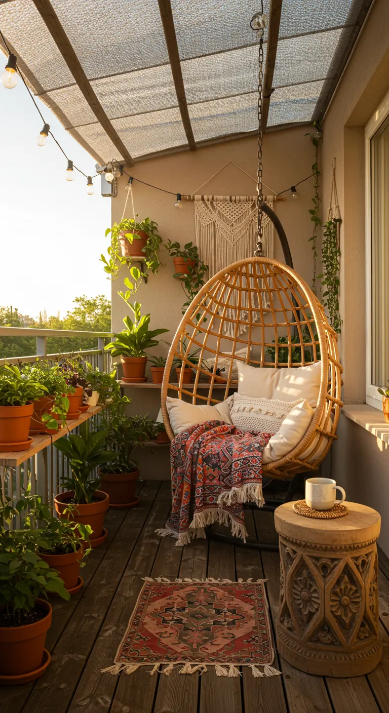 Sfeervol balkon 1 met rotan hangstoel en veel planten