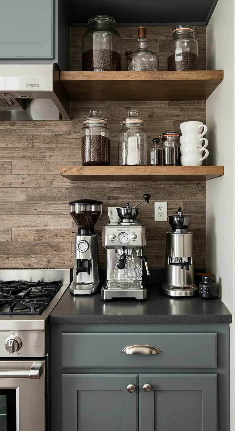 Koffiehoek naast fornuis met espressomachine, bonenmaler en planken met koffiepotten.