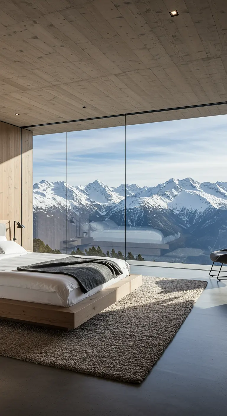 Minimalistische slaapkamer met glazen wand en uitzicht op besneeuwde bergen.