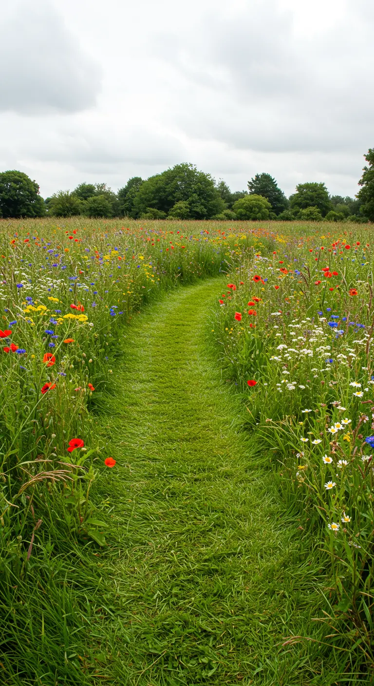 Gemaaid graspad dat slingert door een kleurrijke wilde bloemenweide.