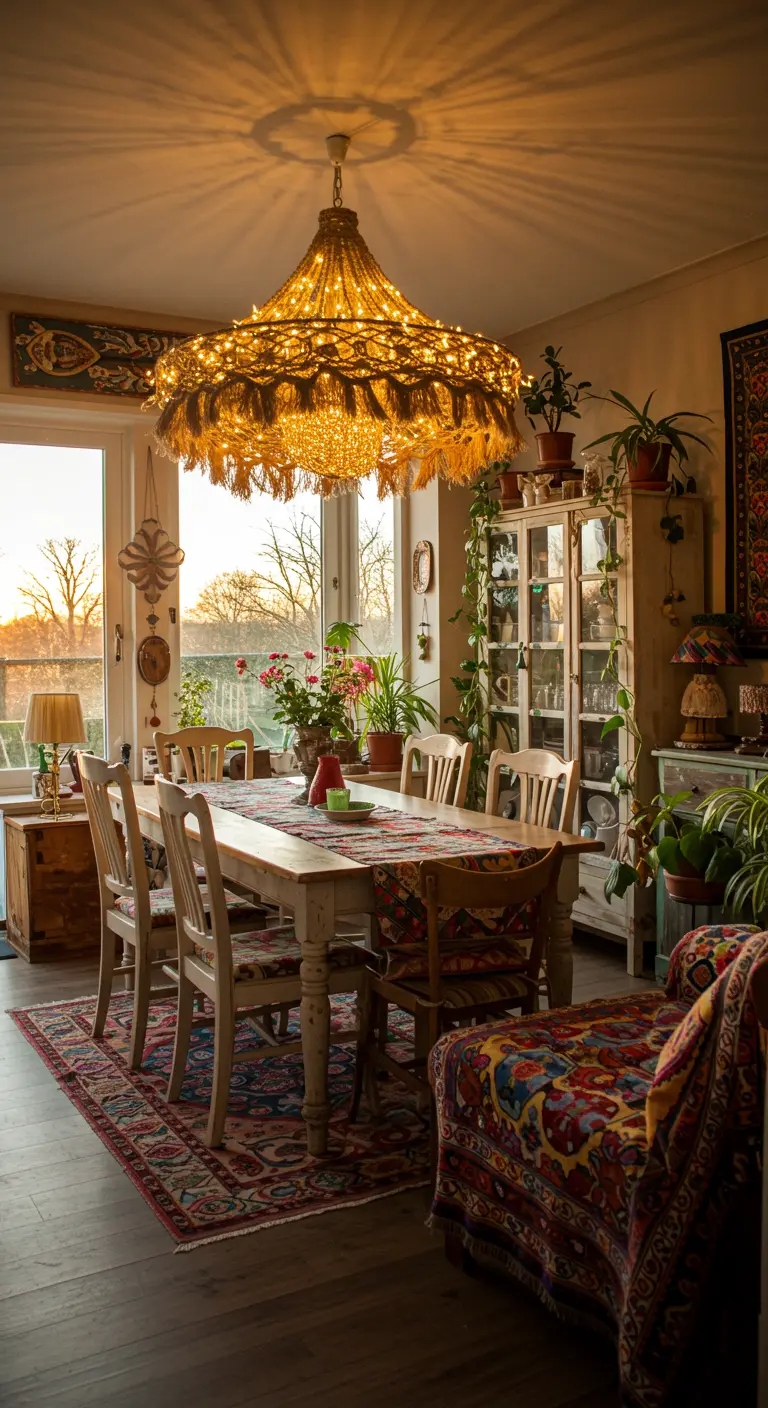 Grote boho kroonluchter met franjes en lichtjes boven eettafel in kleurrijke eetkamer.