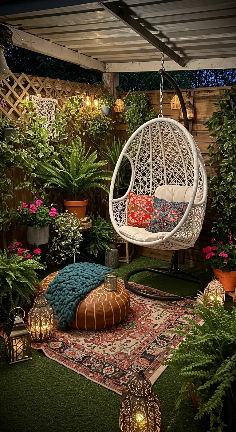 Witte eivormige hangstoel in een knusse, verlichte tuinsetting met planten en tapijt.