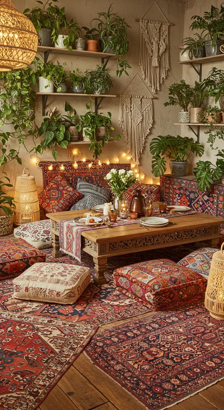 Bohemian eethoek met lage tafel, vloerkussens, tapijten en veel planten.