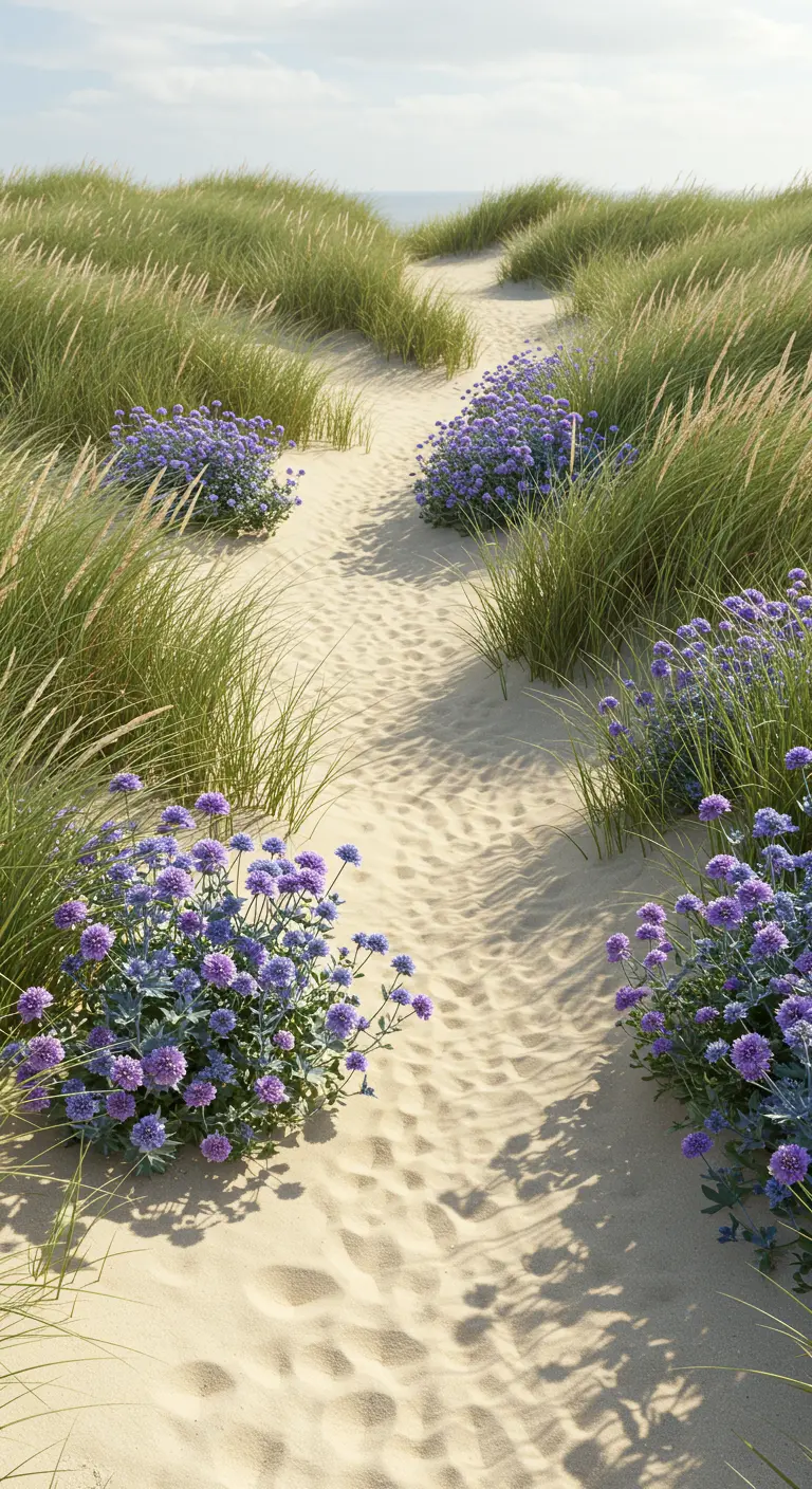 Zandpad slingerend door duingrassen en paarse duinbloemen, uitzicht op zee.