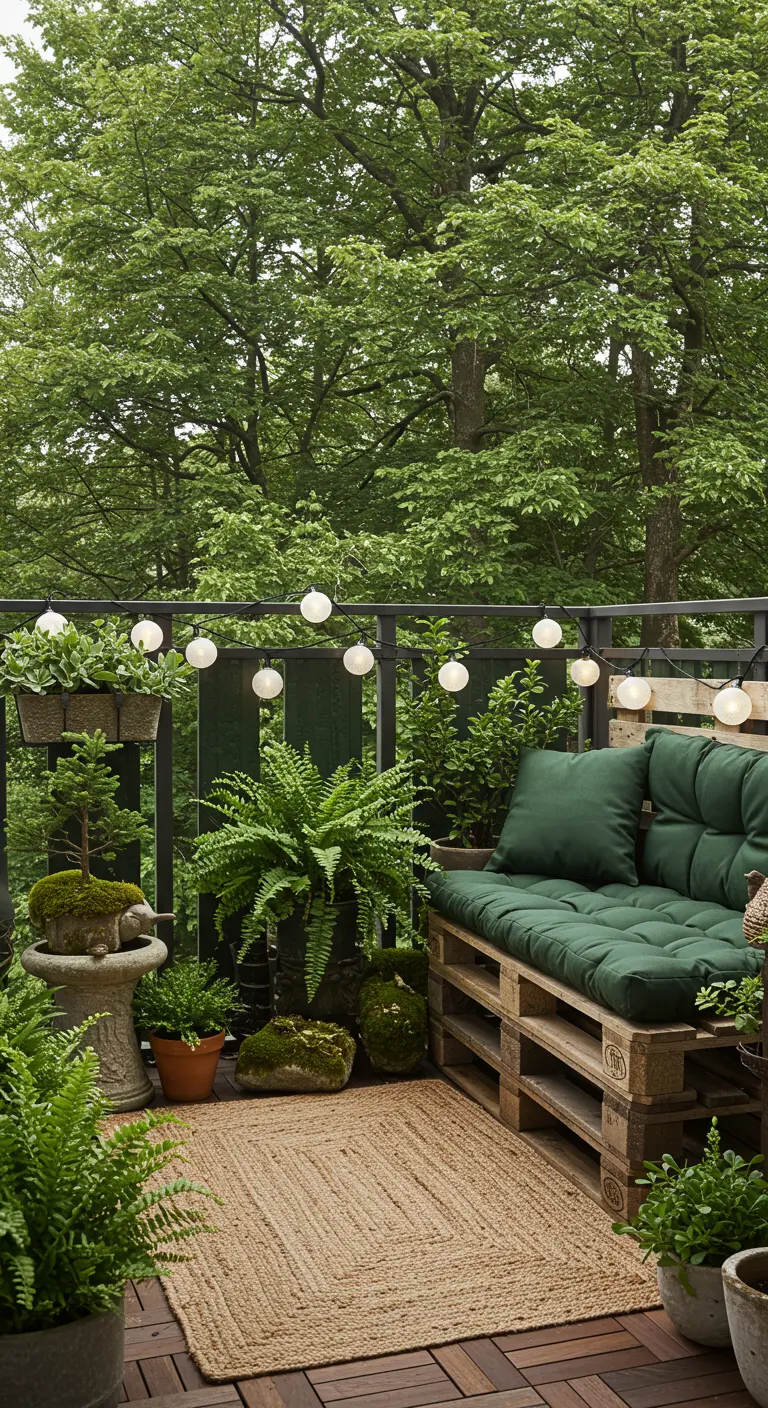 Weelderig groen balkon met houten palletbank, groene kussens, diverse varens en een jute vloerkleed.