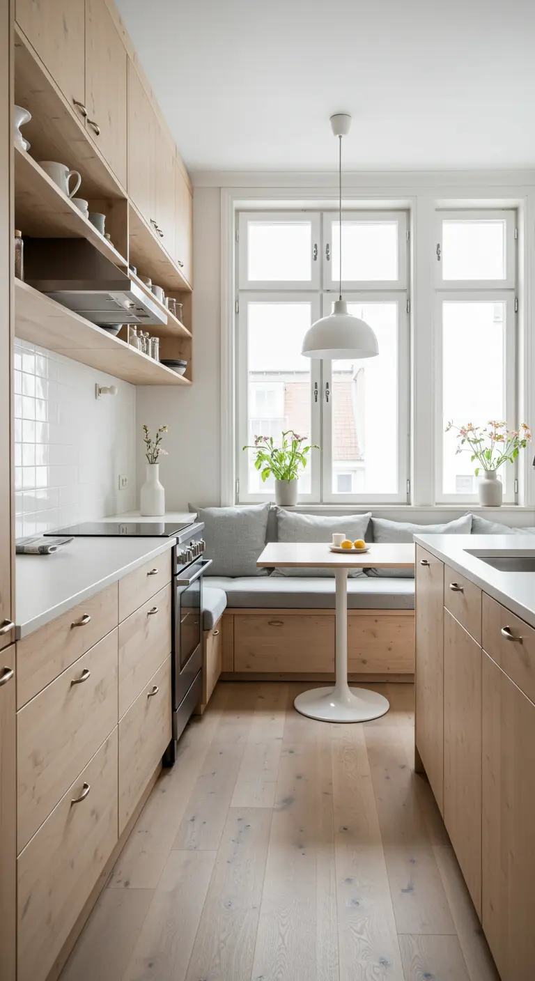 Lichte houten keuken met een gezellige ingebouwde zitbank onder het raam en opbergruimte eronder.