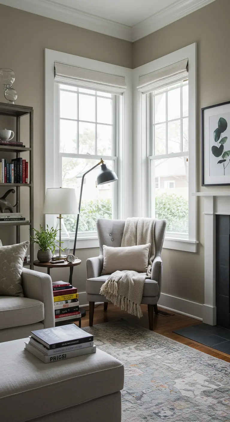 Leeshoek in woonkamer met grijze fauteuil, plaid, kussens en staande lamp bij het raam.