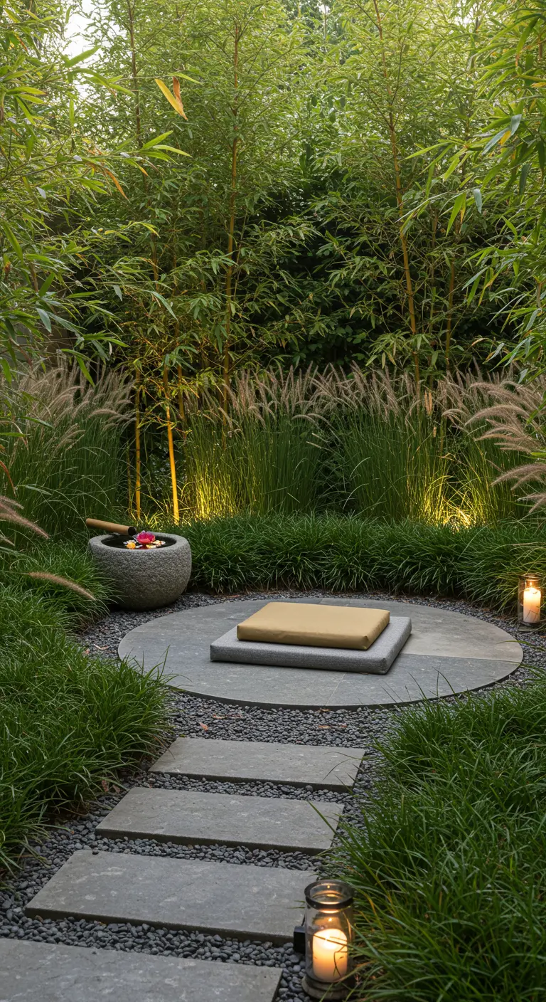 Meditatieplek in tuin met stenen platform, kussen, bamboe en kaarsen.