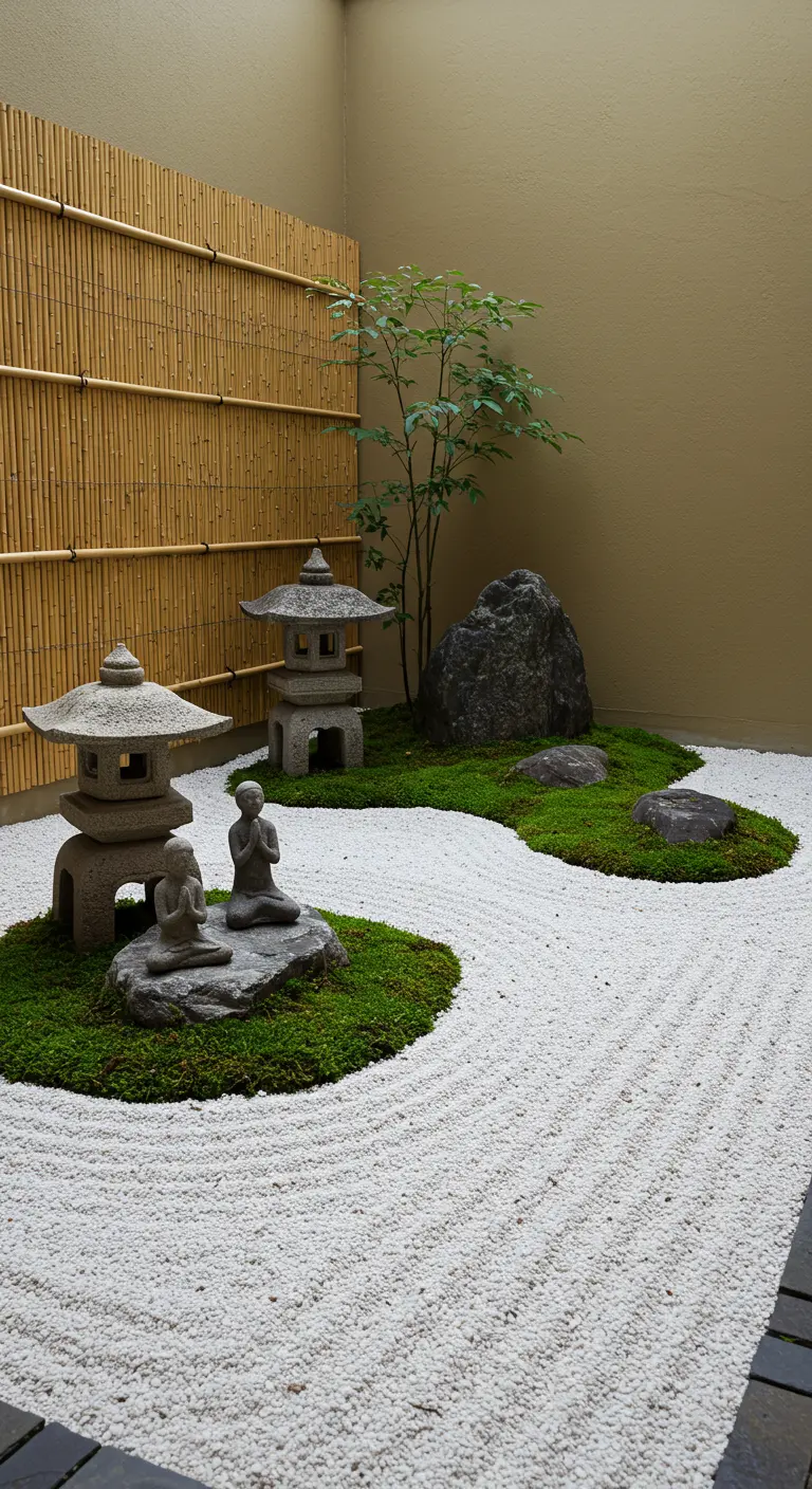 Zen-tuin met stenen pagodes, Boeddha-figuren, geharkt wit grind en bamboescherm.