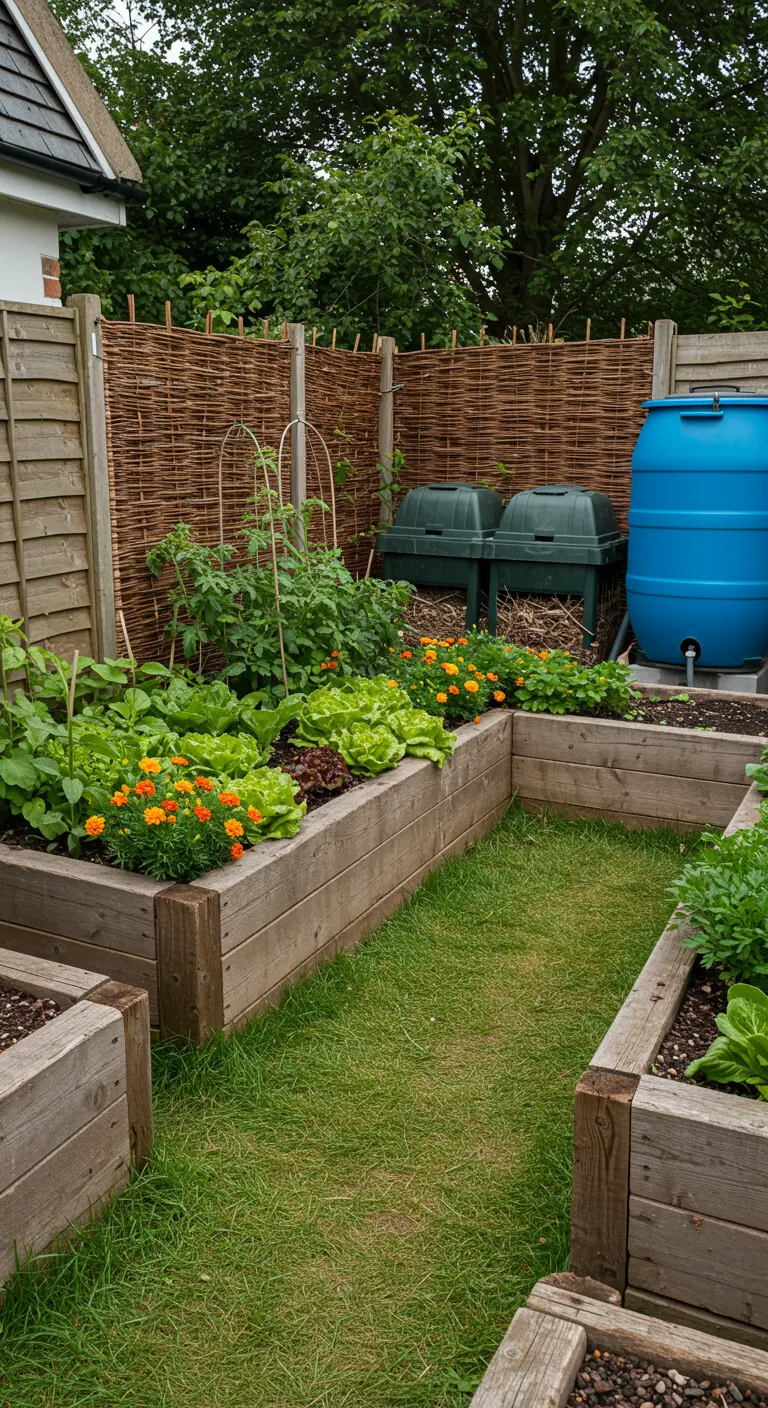 Moestuin met houten verhoogde bakken vol sla, kruiden en oranje goudsbloemen, met compostbakken.