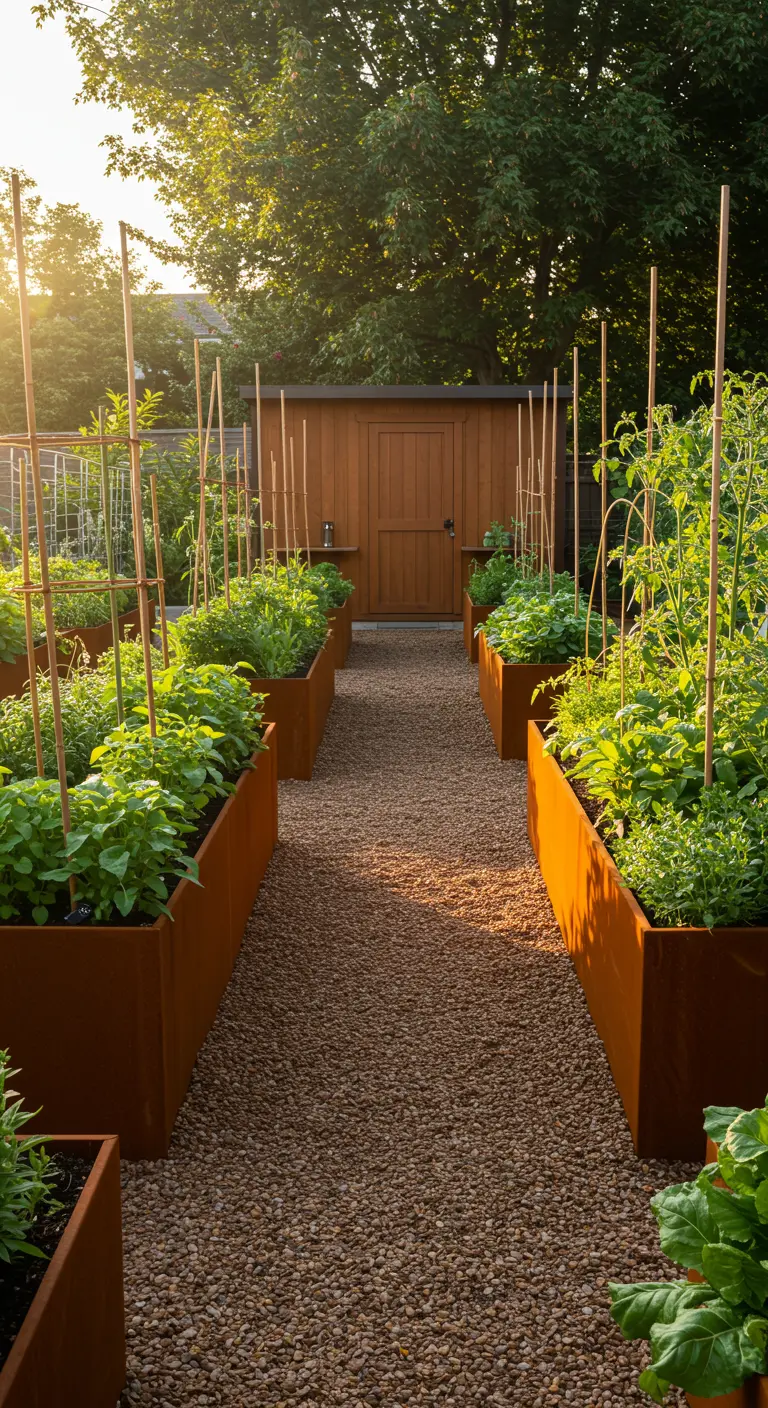 Moestuin met lange cortenstalen plantenbakken, groenten en een grindpad.