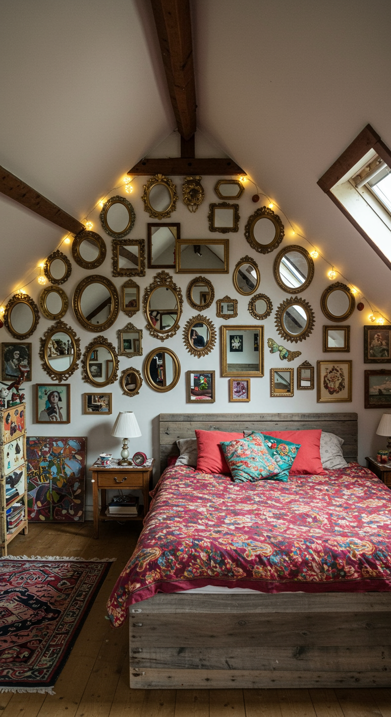 Wand vol diverse vintage spiegels boven een bed in eclectische slaapkamer.