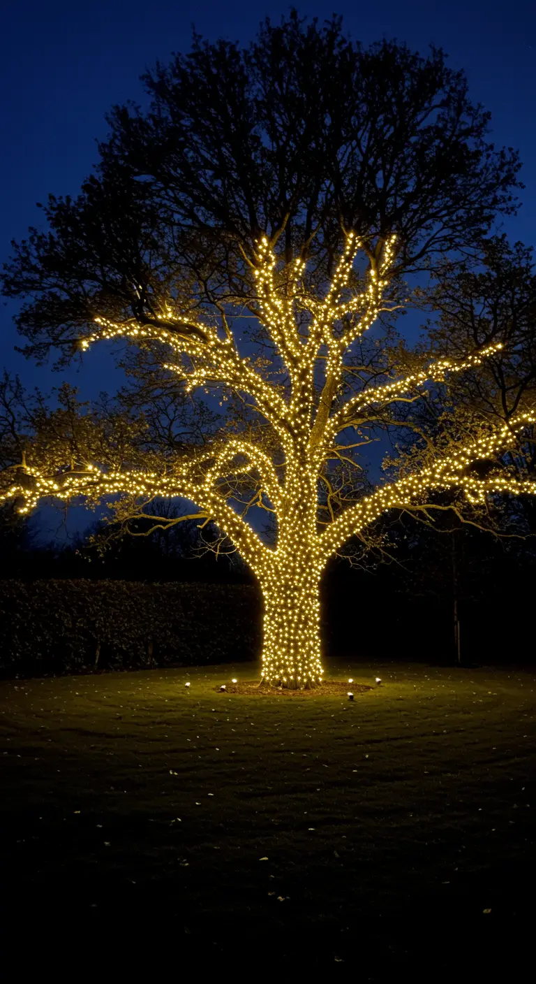 Grote loofboom in het donker, volledig omwikkeld met warmwitte kerstlichtjes.