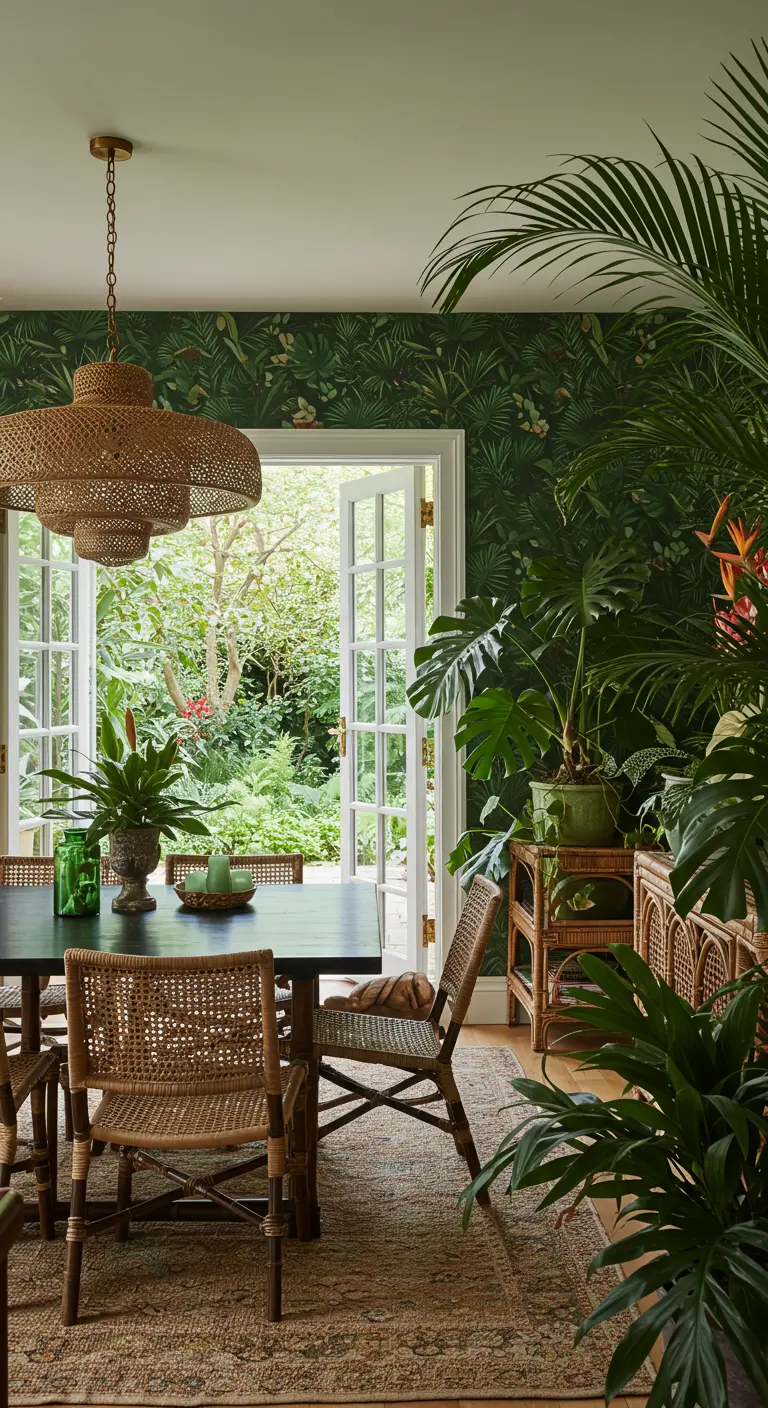 Tropische eethoek met botanisch behang, rieten stoelen en veel kamerplanten.
