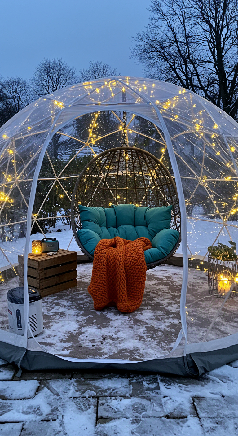 Hangstoel met feloranje plaid in een doorzichtige iglo-tent versierd met lichtjes, in de sneeuw.