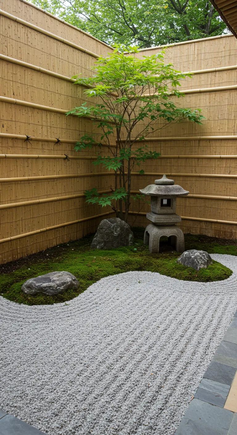 Japanse zentuin met geharkt grind, stenen, pagodelantaarn, esdoorn en bamboe schutting.