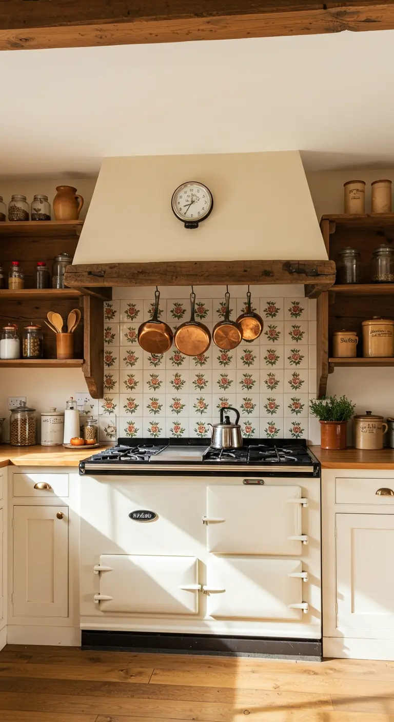 Landelijke keuken met crèmekleurig fornuis, houten planken en koperen pannen.