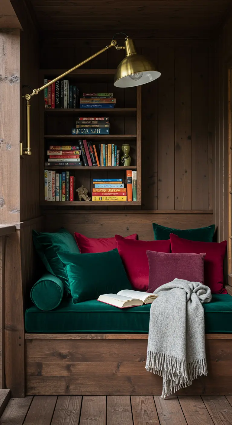 Ingebouwde houten leeshoek met fluwelen kussens, boekenplank en messing lamp.