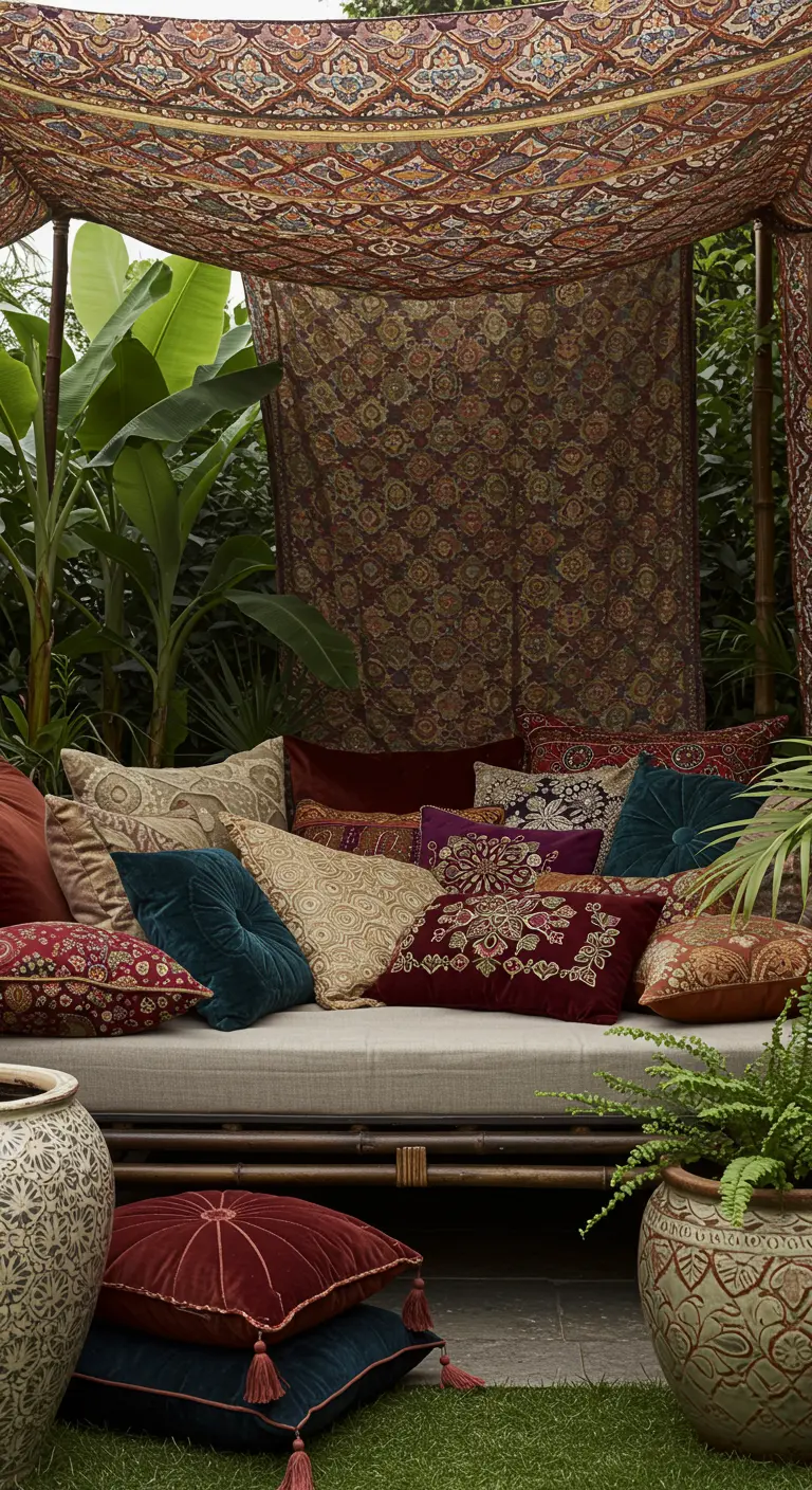 Daybed met een baldakijn van stof en luxe kussens in warme kleuren.