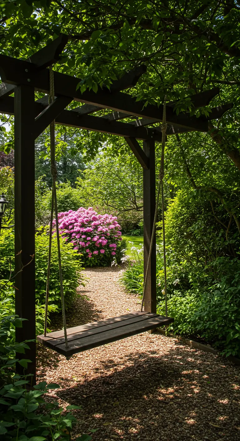 Houten schommelplank hangend aan touwen onder donkere pergola in weelderige tuin.