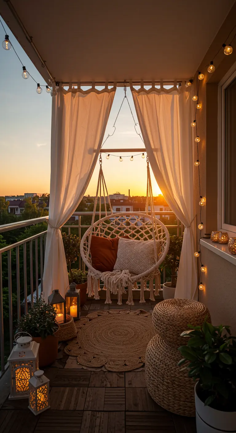 Knusse balkon hangplek met witte gordijnen, hangstoel en sfeerverlichting bij zonsondergang.