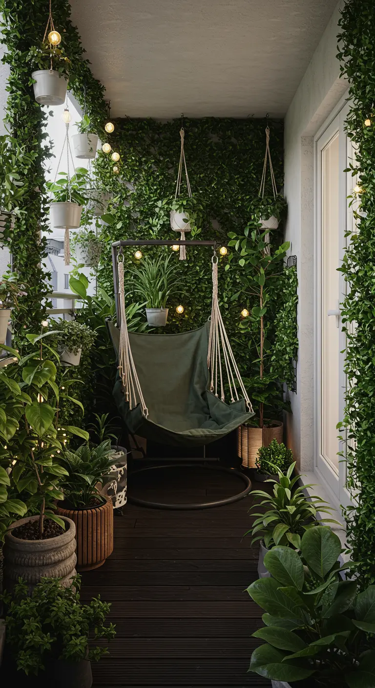 Stoffen hangstoel op balkon omringd door vele groene planten en lichtjes.