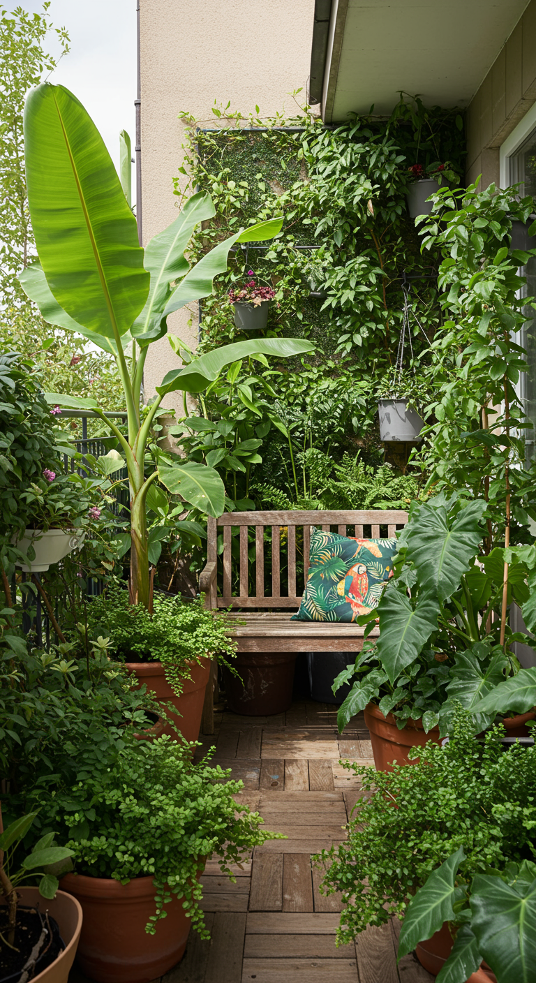 Balkon met houten bankje omringd door diverse groene planten, inclusief een grote bananenplant.