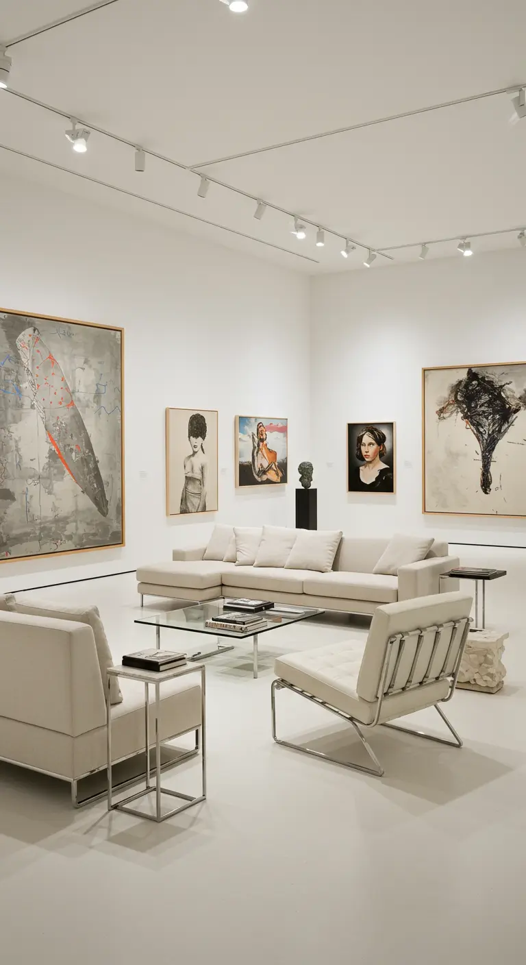 Lichte, minimalistische woonkamer ingericht als kunstgalerie met grote schilderijen.