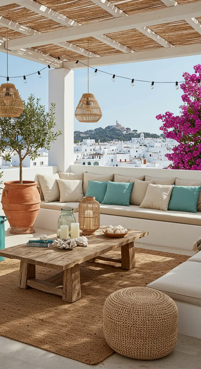 Ibiza-stijl balkon met loungebank, rotan lampen, olijfboom en uitzicht op witte huisjes.