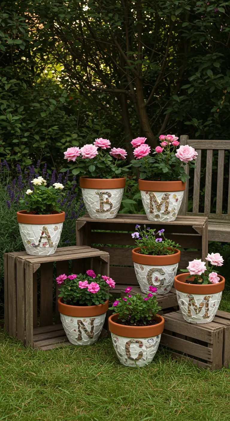 Terracotta bloempotten met mozaïek initialen en roze bloemen.