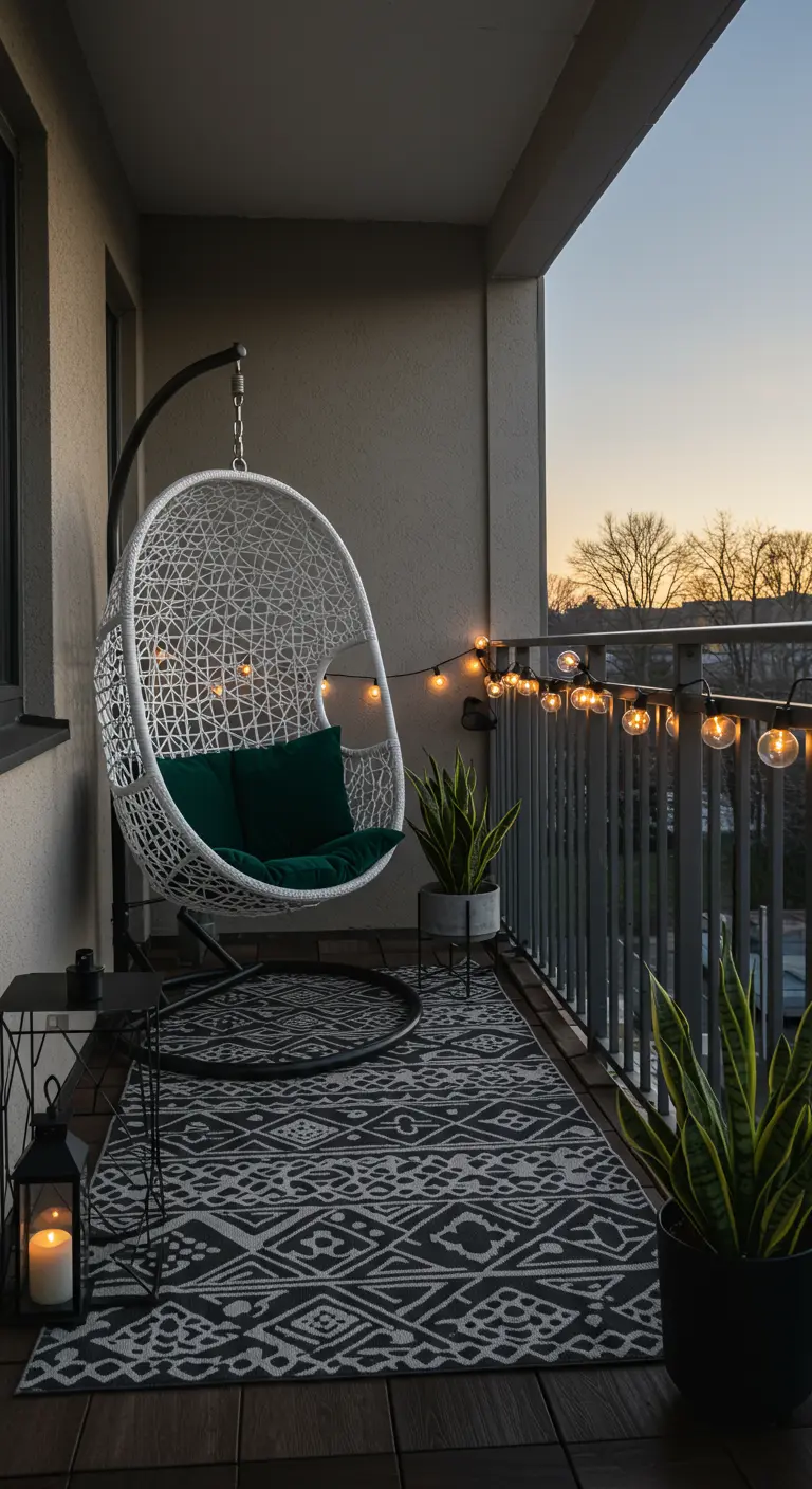 Witte eivormige hangstoel met standaard op balkon, groene kussens, lichtsnoer.