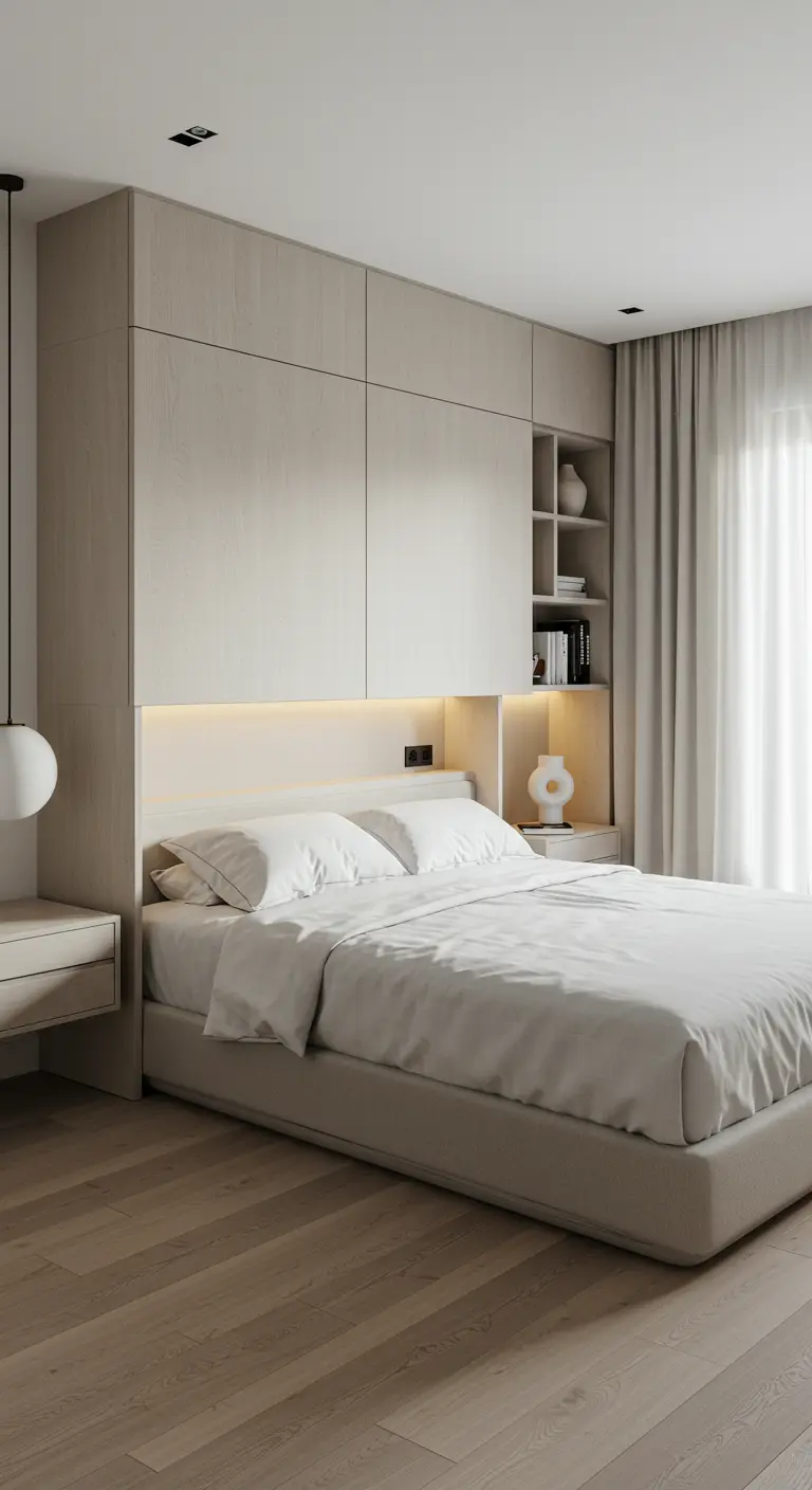 Lichte slaapkamer met kastenwand en verborgen werkplek naast het bed.