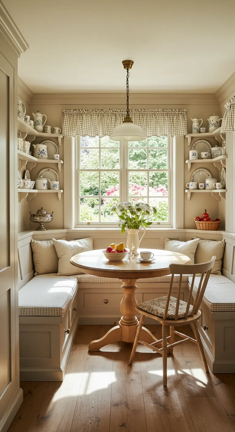 Gezellige ontbijthoek met ingebouwde bank, ronde tafel en open planken met servies.