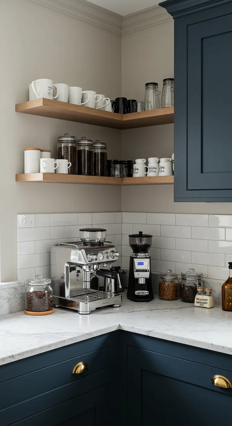 Donkerblauwe keuken met houten hoekplanken ingericht als koffiehoek met espressomachine en potten.