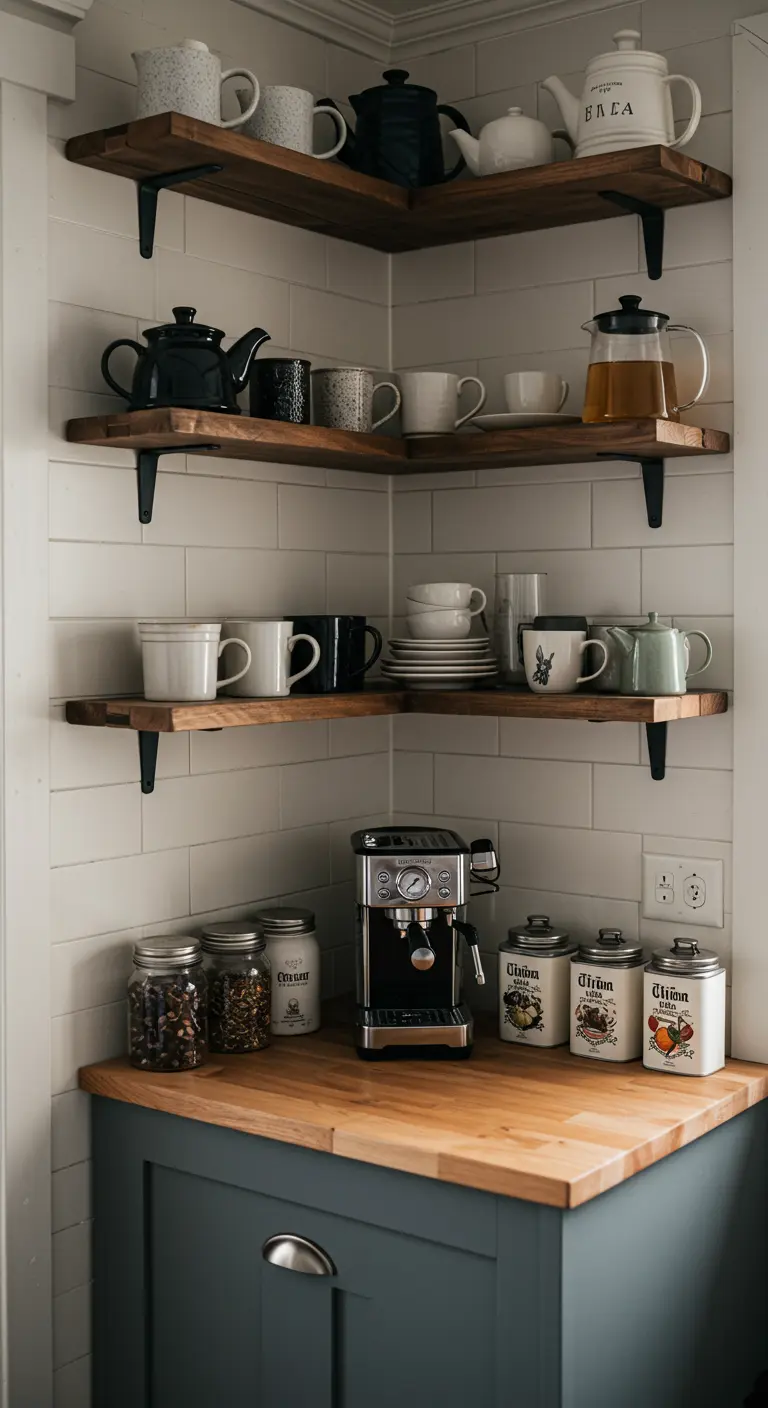 Gezellige koffiehoek met diverse mokken en koffiemachine op houten planken.