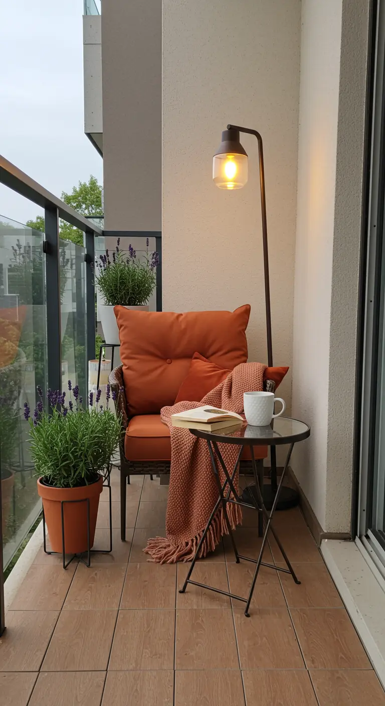 Knus leeshoekje op balkon met glazen balustrade, comfortabele stoel, plaid en planten.