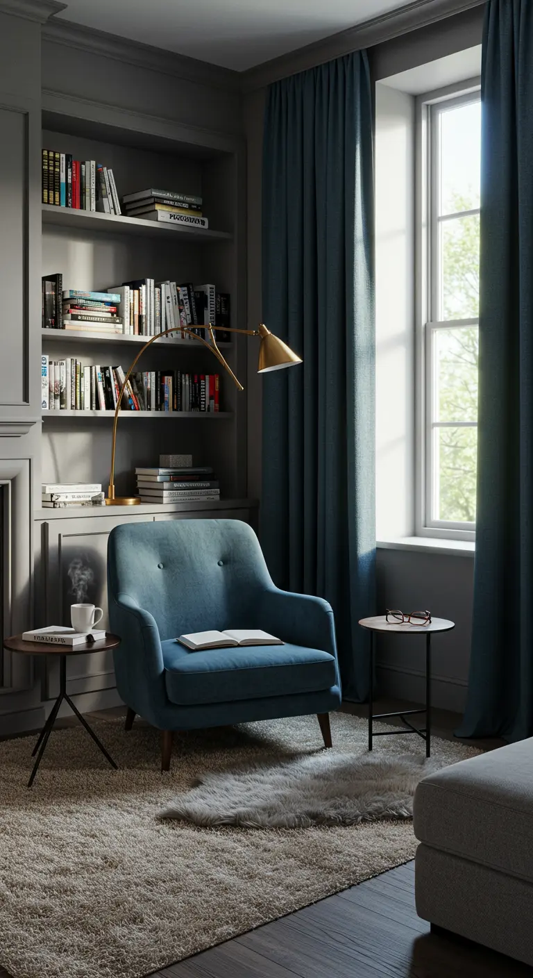 Knusse leeshoek met blauwe fauteuil, boekenkast en messing leeslamp.