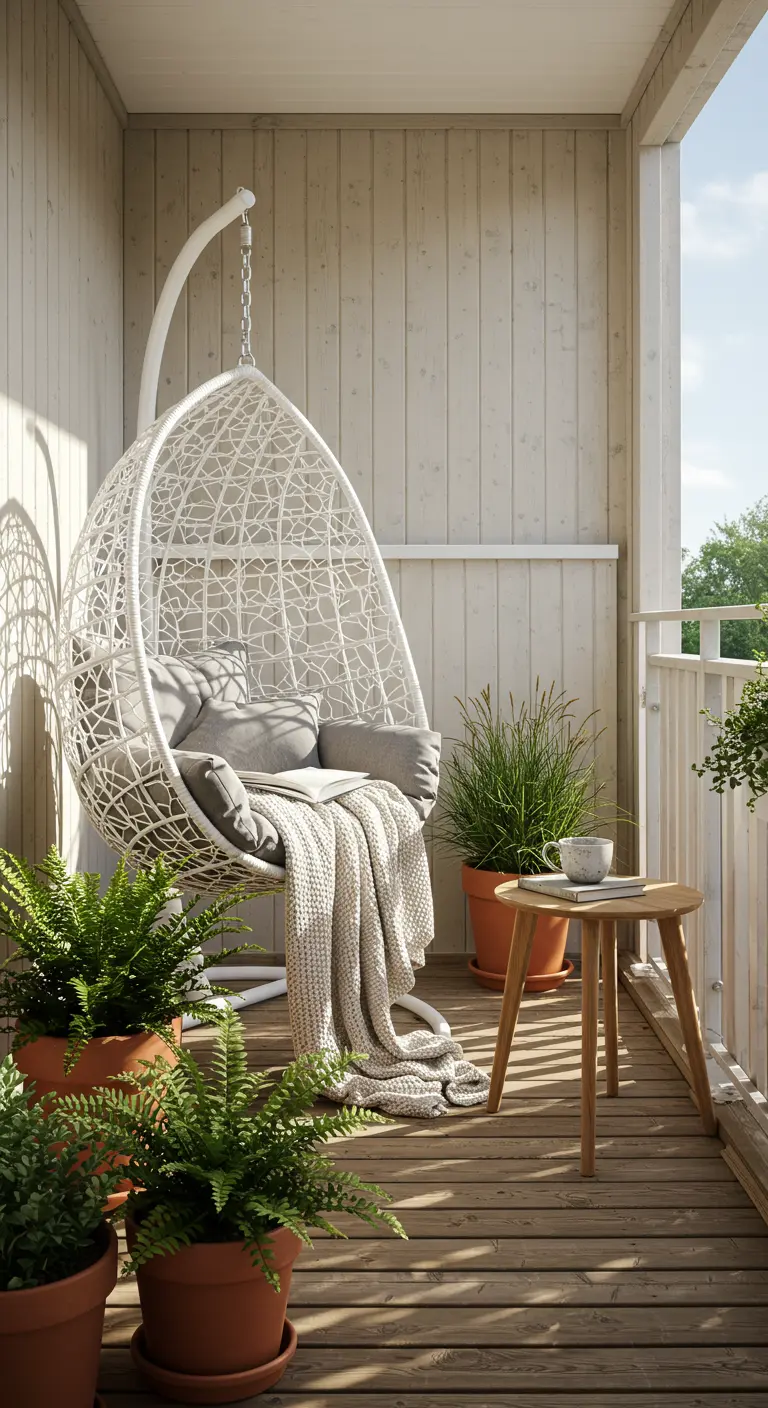 Witte eivormige hangstoel op balkon met varens en grijs plaid.