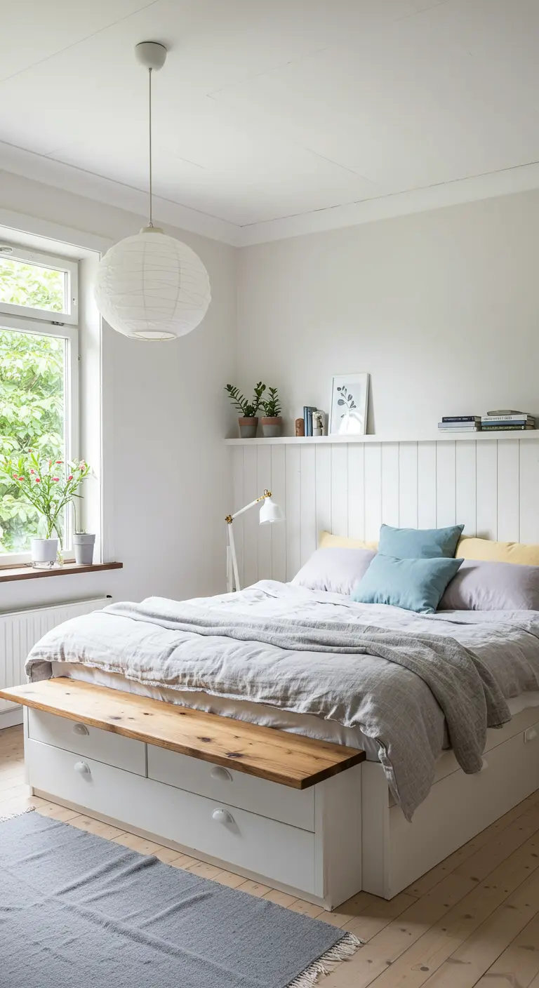 Lichte slaapkamer met bed onder schuin dak, plank boven hoofdeinde en raam ernaast.