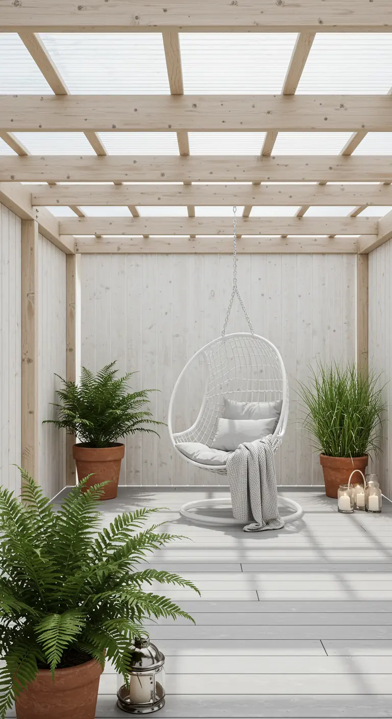 Lichte houten pergola met transparant dak en witte hangstoel tussen varens en lantaarns.