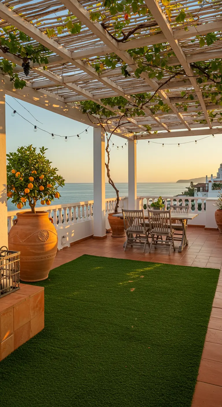 Mediterrane daktuin met witte pergola, kunstgras, uitzicht op zee en citroenboom in pot.
