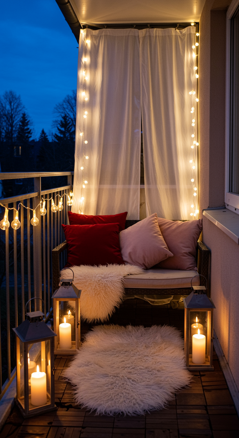 Knus klein balkon met bankje, zachte kussens, lichtgordijn en lantaarns.