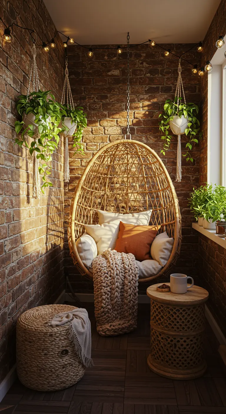 Knus balkon met rotan hangstoel, bakstenen muur, planten en sfeerverlichting.