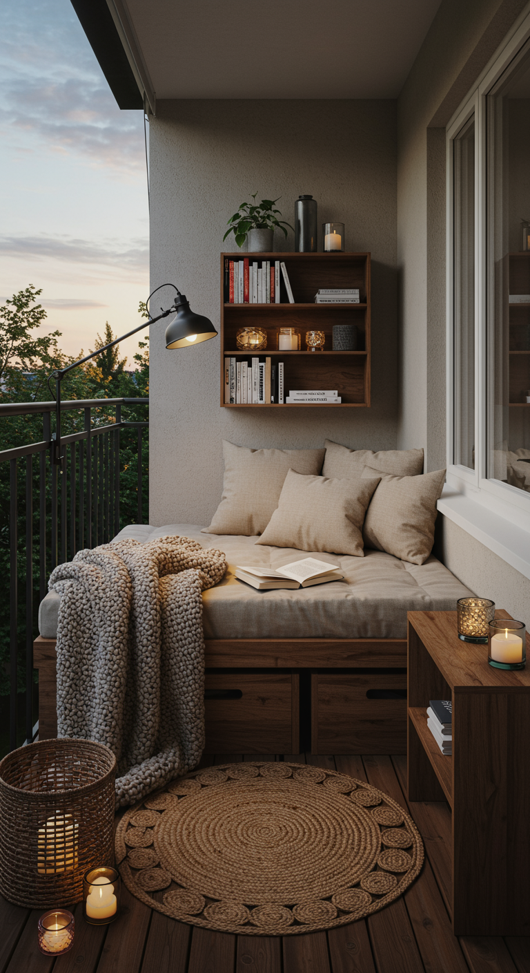 Knus balkonleeshoekje met daybed, boekenplank, plaid en kaarsen bij schemering.
