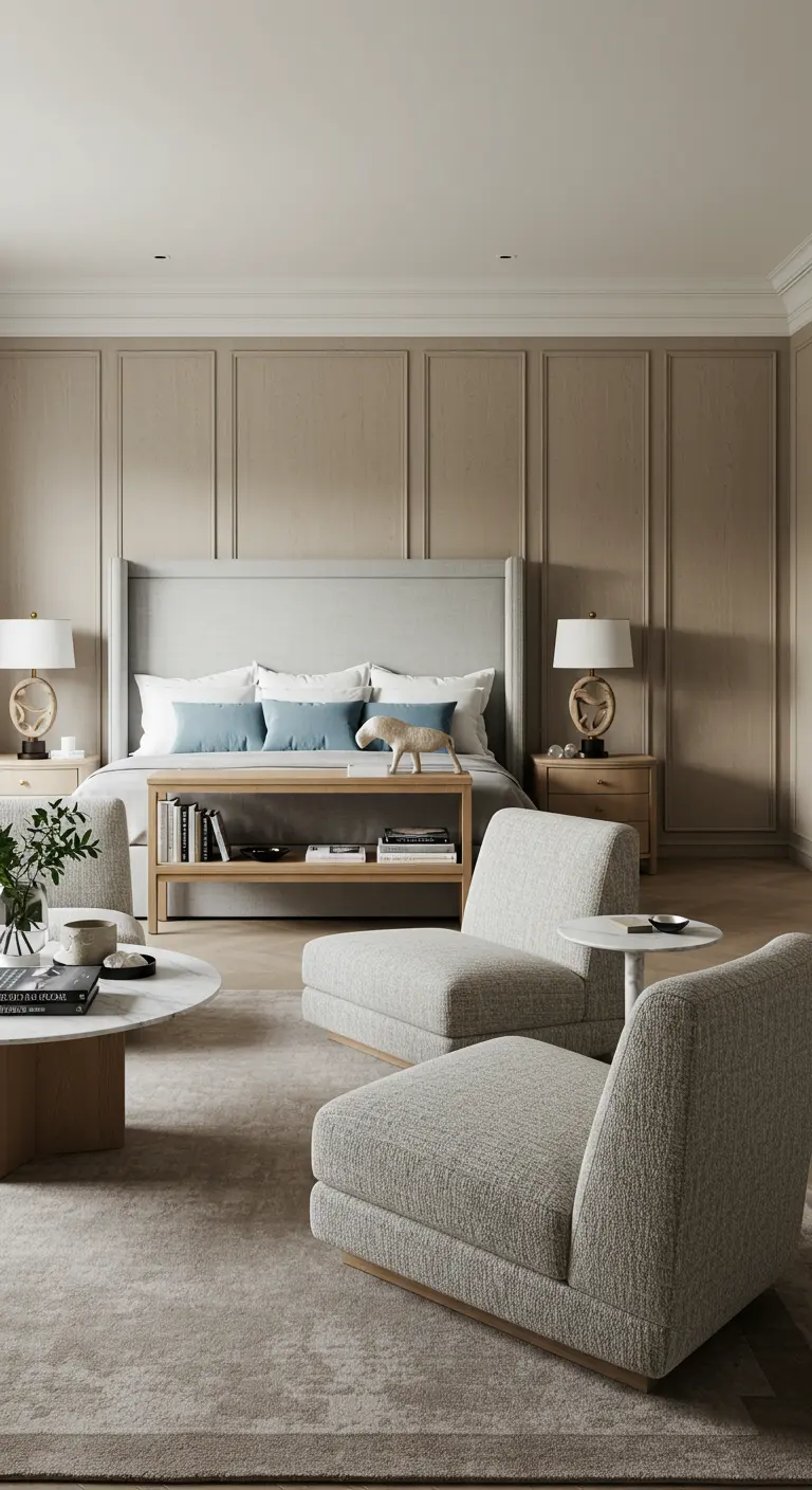 Ruime, lichte slaapkamer met comfortabele fauteuils als zithoek.