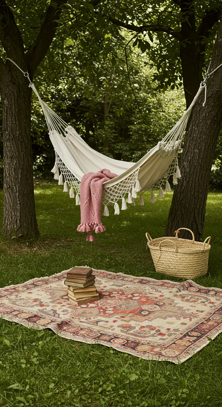 Witte hangmat met kwastjes tussen bomen, met tapijt en boeken.