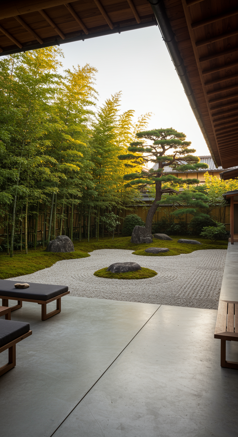Japanse zentuin met geharkt grind, mos, grote stenen en houten ligbedden.